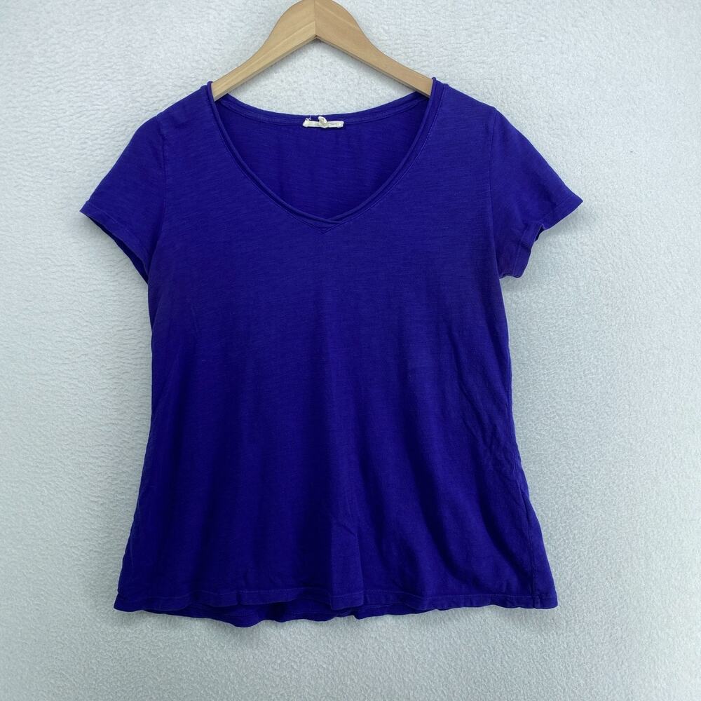 EILEEN FISHER Top S Slub Jersey Organic Cotton Rolled V-Neck Short Sleeve Blue
